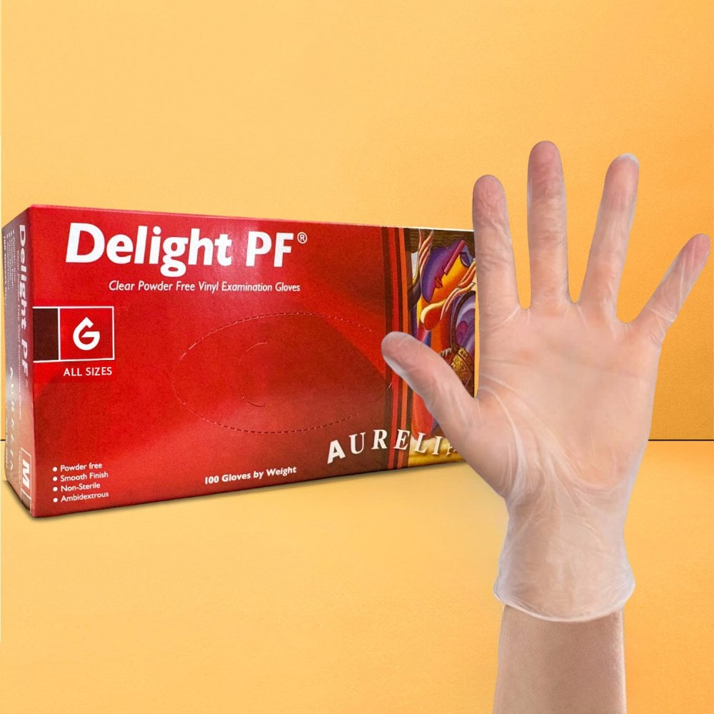 Aurelia Delight PF Clear Powder Free Vinyl Examination Gloves Size M 100pcs